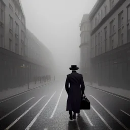 a man wearing a trench coat and hat walking down the street of london, lots of fog, dramatic, dramatic lighting, volumetric lighting, hyperrealism, 8k, high quality, photorealistic, lot of details