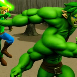 link in zelda fighting the hulk, realistic photo