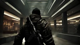 Escape from tarkov A man standing inside a shopping mall holding a gun.