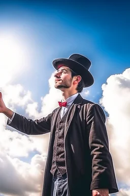 man magician looking at the sky changing the weather sunny day