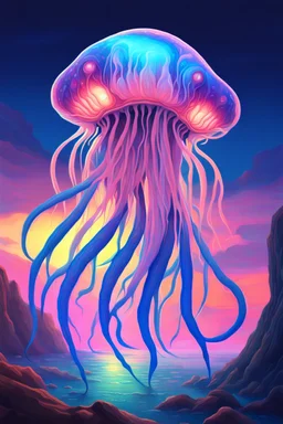 DALL-E 3 P: P: A stunning oil painting in anime style depicting a scary yet colorful creature with translucent, luminous qualities like a jellyfish. The creature has many detailed, iridescent eyes, multiple arms, and large ears. This creature is set against the backdrop of an incredible alien paradise planet at sunset, with vibrant colors and exaggerated perspective. The masterpiece showcases mother of pearl iridescence and holographic whites, creating a terrifying and horror-like atmosphere. Th