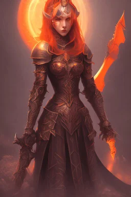 Dark Paladin, orange hair, orange eyes, standing in front of dark castle, Female, similar to berserk