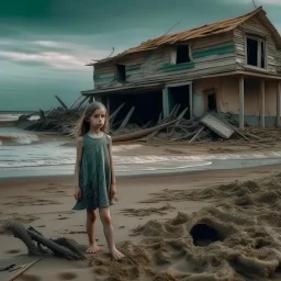 a young girl stands gloomy on a broken seashore behind there are fragments of a house