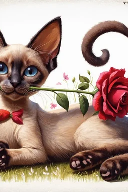 realistic illustration funny goofy, whimsical, caricature of a sleek siamese kitten with brown ears, laying down on its belly, back legs crossed, a paw stretched out in front, holding a red rose in his mouth, flowery background with long pale grass background. Textured painterly fantasy artistic Cartoon