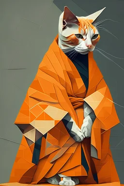 cat in orange mong robe, cubist deconstructed image