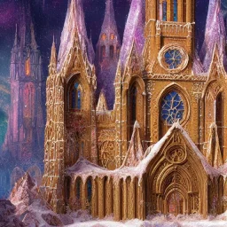 cathedral made of gingerbread with vibrant rock candy as windows, frosting, 8k resolution, centered, high-quality, ultrafine-detail, ornate, digital art, volumetric lighting, 3D octane render, brian froud, howard lyon, George Grie, greg rutowski,