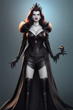 Geena Davis as evil queen in black leather, leather, busty, cleavage, angry, rage, stern look. character design by cory loftis, fenghua zhong, ryohei hase, ismail inceoglu and ruan jia. unreal engine 5, artistic lighting, highly detailed, photorealistic, fantasy