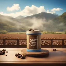 Captivating 3D rendering of a vintage style photograph of a coffee stand, adorned with the elegant word "Colombian Coffee", the stand is surrounded by coffee beans on a wooden table. Stand filled with steaming coffee, giving off a cozy atmosphere In the background the Colombian mountains with coffee crops, and a bright blue sky. The image is illuminated by a welcoming glow that evokes a feeling of nostalgia., typography, 3D rendering, far below a small text, "By: PalomoArtStudio" .