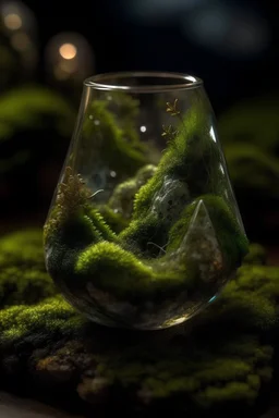 Maulwurf made of stardust in a glass, above moss, Details, sharpness, 8K, highest quality, masterpiece,