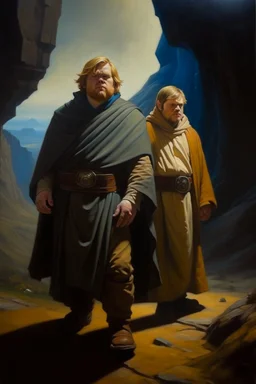 1970's dark fantasy cover dnd style oil painting of a fat obese luke skywalker and obi-wan kenobi with minimalist far perspective