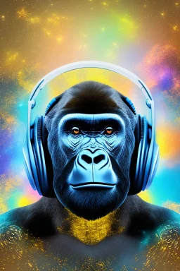 action shot of a Gorilla with headphone mixing two CDs with big Dj controller, Fractal art, tshirt vector, enclosed in a rectangle, vivid colours, sunshine, contour, white background