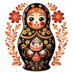 draw matryoshka dolls, the matryoshka is smiling, the kind sweet face of the matryoshka doll, behind the matryoshka Russian patterns in the style of Khokhloma