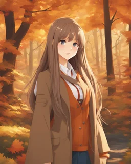 A young girl with long hair and autumn clothes in the autumn forest, beautiful portrait anime