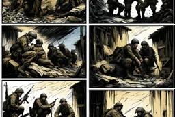 Masterpiece1:5)(Fineart), (award-winning:1.5), highest quality, war journalism editorial ,(by Tim Page, Hoorst Faas:1.5)),(Eastern Ukraine:(panel one:the moment after a battle ends, horrors of war, wounded men),(2nd panel, cinematic shot of men sitting in trench with 1000 yard stare (focus on their eyes:1.5)),(the third panel shows troops tired but hyper alert), (the fourth panel shows the sky is filled with incessant, fire and smoke everywhere,)