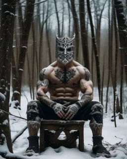 man sitting on a throne in a relaxed laid back style, middle of a snowy forest, muscular athletic physique, wearing a ancient iron carved face mask over face,