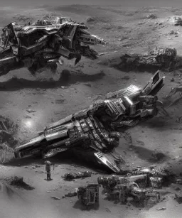 Crashed photorealistic futuristic destroyed mechanical mechwarrior abandoned wreckage in old blast crater on the lunar surface