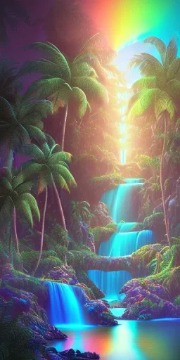 Triipy rainbow turquoise neon waterfall with palm trees sparkling at night in a cave detailed realistic glowing