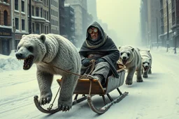 post-apocalyptic winter dystopia, sled pulled by zombie polar bear mutant creatures; man in sled dressed in steampunk snow goggles, head-wrapping, and heavy robes; middle of a street in an empty destroyed city, massive snow drifts, ice particles, dramatic