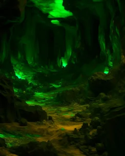 A dark brown underground mineral mine with glowing green gems painted by Vincent van Gogh