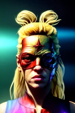 portrait, Shakira, blonde, angry, Realistic image, superhero, watchmen style, gold make-up, sweat, fog, goddess style, Neon colors, leds. Black background, photo studio, concept art, smooth, unreal engine 5, god lights, ray tracing, RTX, lumen lighting, ultra detail, volumetric lighting, 3d, finely drawn, high definition, 4k.