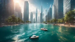 Climate emergency. A modern city partially submerged under rising sea levels. Skyscrapers emerge from the water, while streets and lower buildings are completely flooded. Boats navigate roads where cars once drove, and people wade through deep water. Beautiful award-winning photograph, inspiring, rule of thirds, balanced delightful composition, perfect lighting, superb detail, 16k render