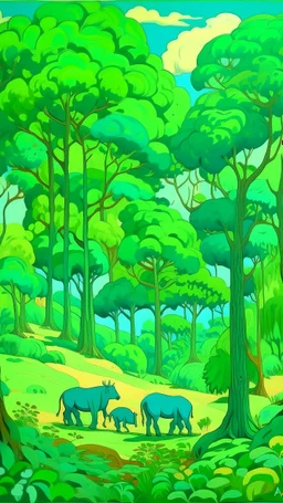 A bluish green savanna with leafy trees painted by Paul Ranson