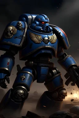 Realistic space marine on a battlefield