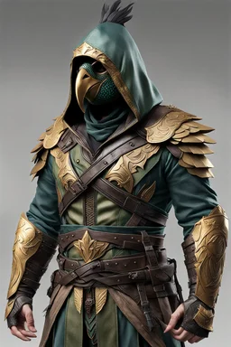 video game character costume inspired by a Kea parrot and Assassin's Creed aesthetic. bird-themed mask protects face. The metallic elements should be in bronzed gold tones. The design should introduce tinted tinted green and blue transitional colors from the bronzed gold to olive color scheme. The hood should have a matte black beak-like tip, exaggerated in shape. character wielding matte black karambit. overall finish should be foresty, wintery, and weathered.