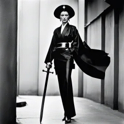 [photo by helmut newton] The guardian stands tall, Kimono turned combat gear, Beauty wields power. A weapon in each hand: Skillful hands at work,Firearm and blade in balance, Enforcer's resolve. Her strength emanates, Ancient grace meets modern might, she attacks