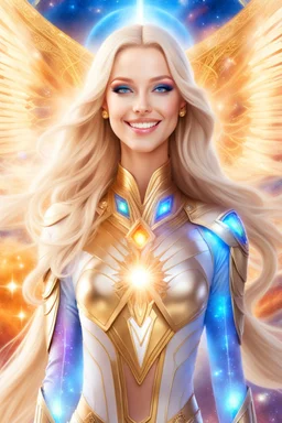 cosmic woman smile, admiral from the future, galactic confédération, fine whole face, crystalline skin, expressive blue eyes,rainbow, smiling lips, very nice smile, costume pleiadian, Beautiful tall woman pleiadian Galactic commander, ship, perfect datailed golden galactic suit, high rank, long blond hair, hand whit five perfect detailed finger, amazing big blue eyes, smilling mouth, high drfinition lips, cosmic happiness, bright colors, blue, pink, gold, jewels, realist, high,rainbows