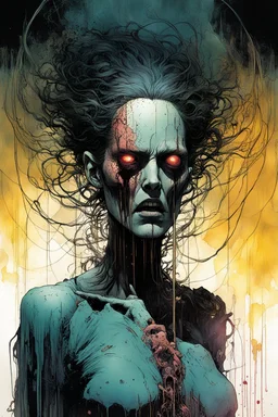 a surreal full body portrait of the inner workings of her disturbed mind as a nightmarish charnel house of screaming pain , in the comic book style of , Bill Sienkiewicz, , Alex Pardee , and Jean Giraud Moebius, muted natural color, sharp focus, ethereal , dark and foreboding