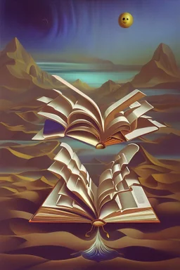 Dreamlike image that represents the idea of ​​traveling through reading a book, a surrealist painting style image by Dalí