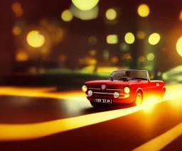 fiat 125p, city. high speed. bokeh. lens flare. warm lights. high detailed. oil on canvas