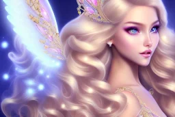 smiling, beautiful, soft,smiling, straight and long blonde hair, dewy and shiny atmosphere, diamond crown, long fairy wings in the back, full head, curly hair, golden veil clothes, bacground pink and blue