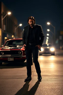 Ultra realistic photo, John Wick, standing tall in the shadows of a 1969 Ford Mustang Boss 429, his face illuminated by the streetlights., HOF, captured with professional DSLR camera ,8k, ultra detailed, colourfooll
