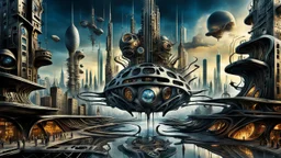 a stunningly weird image of a futuristic metropolis using Salvador Dali's paranoiac-critical method, where buildings and structures appear to melt into the skyline cityscape is filled with floating mad, twisted sharp metal shapes that interact with the buildings and each other, forming a surreal tableau of a dreamlike reality. neu-steampunk vibe, essence of the scene in a cinematic manner, with dramatic shadows that enhance the distorted perspectives and bizarre