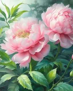 Watercolor bush of pink peony, many leaves, ultra-detailed plant, summer, sun, evening, rain, beautiful landscape, fog, many details, delicate sensuality, realistic, high quality, 3d, work of art, hyperdetalization, professionally, filigree, misty haze, hyperrealism, professionally, transparent, delicate pastel tones, backlight. The contrast is fantastic, unreal, translucent, luminous, clear lines