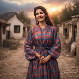 Hyper Realistic Young-Happy-Pashto Woman wearing checkered-patterned dress in a village at cloudy sunset with dramatic ambiance