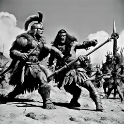 [1960’s colour stop-motion animation style on the battlefield ] a 70s advertisement video TV featuring a fight begins with great intensity.The barbarian warrior uses her weapons hitting the monster severely ripping pieces of her grotesque and monstrous foe. but the monster is very strong and does not let himself be killed.he attacks with deadly fury the barbara warrior and manages to grab her embracing her with his distorted and very strong arms, full of rigid muscles.he hugs her very tightly