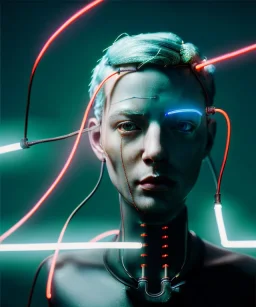 Ultra realistic photographic night portrait, cinematic, <blonde woman> <hanging wires> many wires coming out of the head <perfect pupil> <cyborg arm> <garage> <wide angle Shot> <sci-fi futuristic> <thriller>, neon lights, color fog, soft color, highly detailed, unreal engine 5, ray tracing, RTX, lumen lighting, ultra detail, volumetric lighting, high definition.