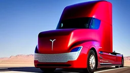 A Tesla semi-truck is racing at top speed, by the 'Lake Mead', in Nevada. CINEMATIC. WIDE ANGLE LENS.