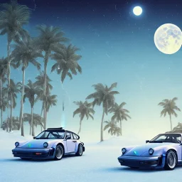 1980's aesthetic vaporwave palm trees with moon with porsche in the winter snow with lightning