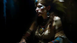 photo posted to myspace in 2007, woman wearing colorful Death day face paint., painting by Donato Giancola and John Bauer and Vermeer, embroidered velvet, iridescent beetles, rich color, ornate headdress, flowing robes, lost runes, ancient civilizations,featured on Artstation, cgisociety, unreal engine, intense dark chestnut brown, burnt sienna and soft cream color, minnesota indoors, flash photography,