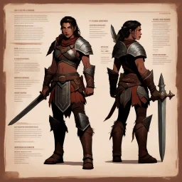 character concept sheet with AD&D statistics and characteristics, [vintage style noisy scratches glitches, Shot the texture and then rewound the film and double exposed the face] a woman Barbarian ranger with her leather armour, her broad sword and her small iron shield