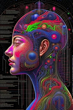 Fantasy00d Technical Diagram, Info graphic, Charts, of A Cosmic Anatomical Human Head, Info Graphic, Scientific, Data Diagram, Nervous System, Galaxy, Vibrant Colors, Midnight Aura, Ultra Detailed, H.R. Giger, Max Ernst, Thomas Kinkade, Robert Gonsalves, dark background