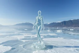 in a frozen sea with pretty mountains a full model lady statue made of frozon water in artist pose standing over frozon water looking at camera, of clear glass like ice that going to melt and water drops fall from all body.
