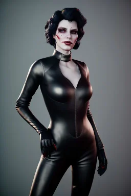 portrait of shae marks as evil queen in black leather catsuit, leather, angry, stern look, volumetric lighting, particales,highly detailed,cinematic, deep colours,8