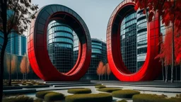 Modern architecture with a cylindrical building featuring circular windows of various sizes, surrounded by red foliage with a clear view of the moon and other buildings in the background.