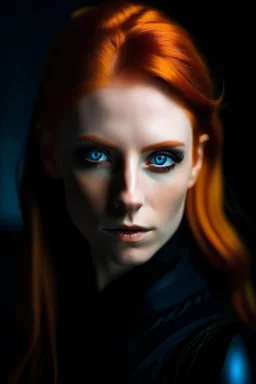 Ginger haired woman wearing all black clothes with blue eyes. Most beautiful elven woman fantasy pointy ears