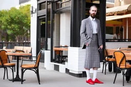 bearded man in elegant suit with checkered skirt on high heels standing next to a restaurant holding a laptop case in sunshine